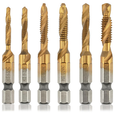 6PC Titanium Coated Drill & Tap Bit Set SAE 6-32NC to 1/4-20NC for DIY Projects