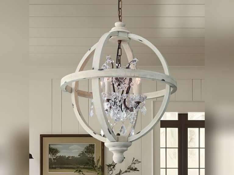 Wood Orb Farmhouse Chandeliers : 4-Light Rustic White French Country Chandelier