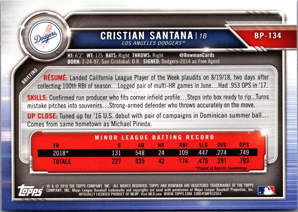 2019 BOWMAN #BP-134 CRISTIAN SANTANA PROSPECTS LOS ANGELES DODGERS RC - Image 2 of 2