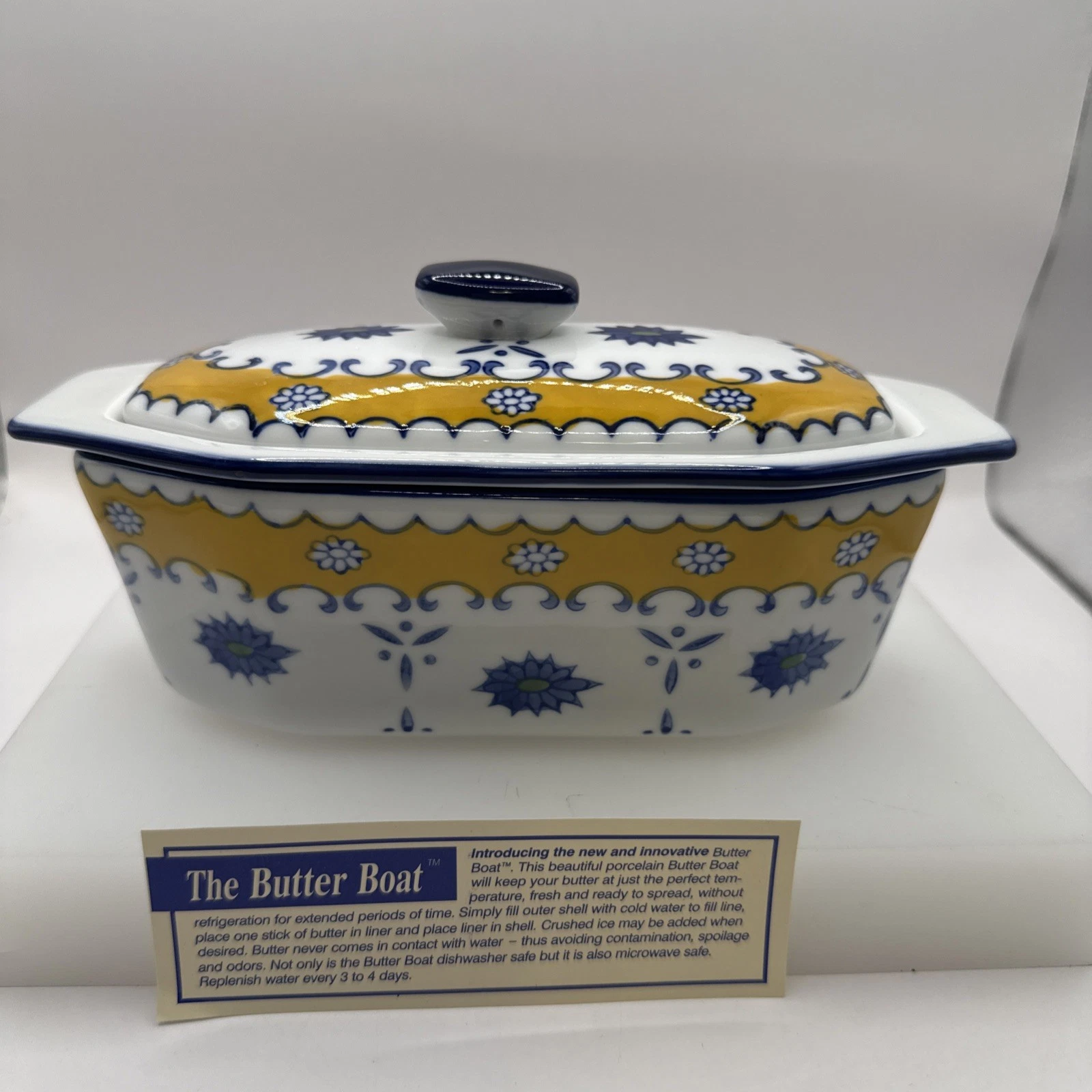 Vintage Cook Street Ceramic Covered Butter Dish 3 Pieces Yellow Blue Floral VG