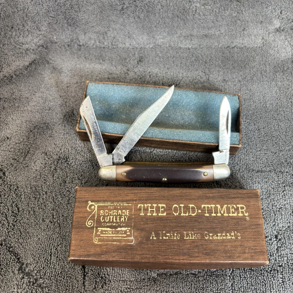 Navaja de bolsillo vintage Schrade Old Timer 108OT EE. UU. 3 hojas ganadero con caja Foto 3 de 4
