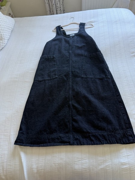 Toast Ingigo Blue Denim Sleeveless Pinafore Midi Dress Size XL Pockets Cotton