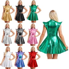 Womens Skirts Glossy Dress High Waist Costume Stage Show Mock Neck Theme Party