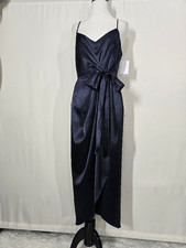 After Six Midnight Blue Stretch Charmeuse Faux Wrap Midi Dress Draped