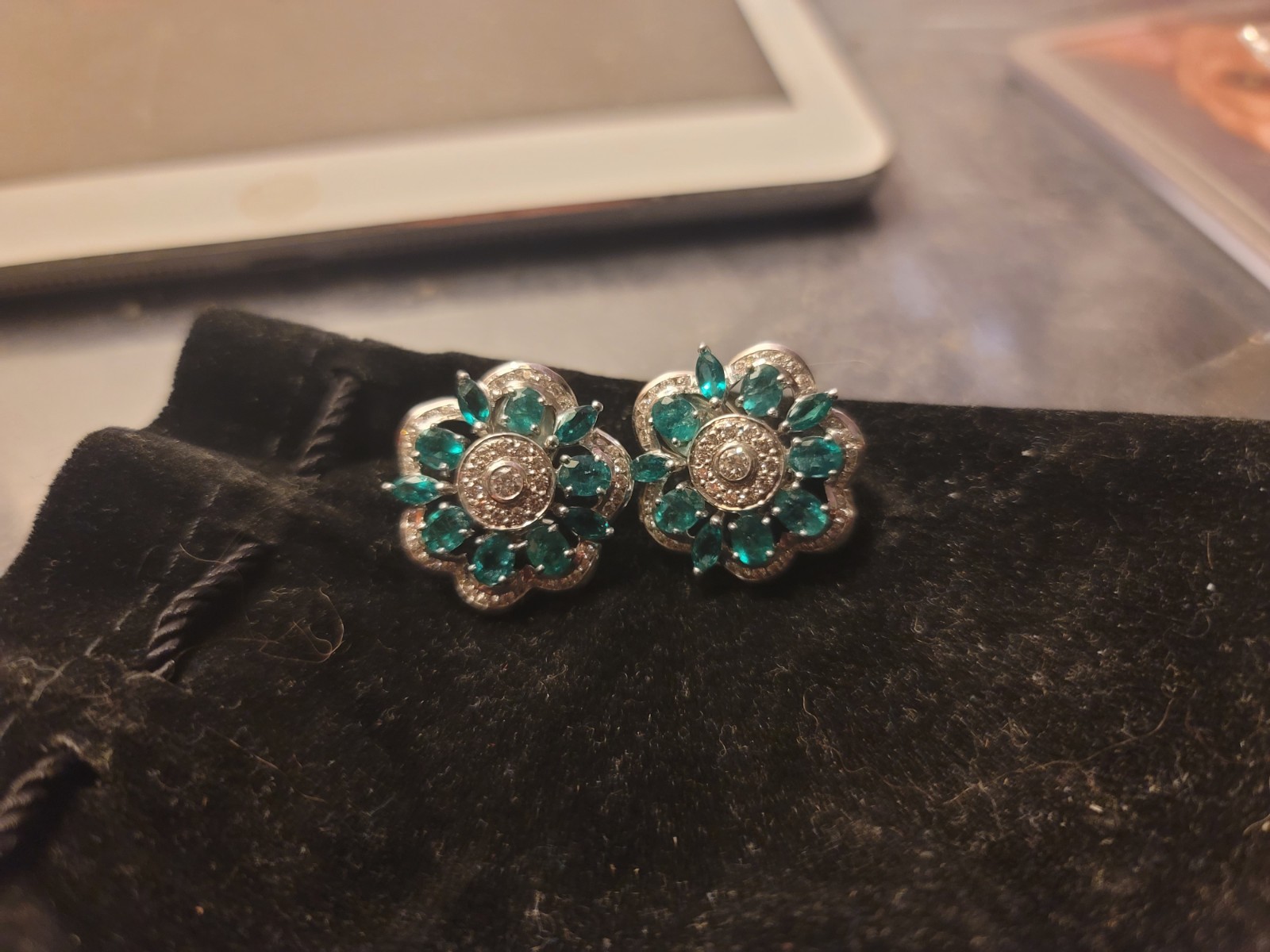 Unique, Handmade floral Emerals and Diamond earrings. image 2