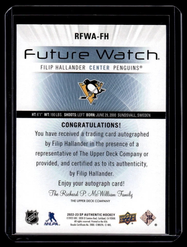 2022-23 Sp Authentic Future Watch Retro Auto Filip Hallander RC /699 #RFWA-FH - Image 2 of 2