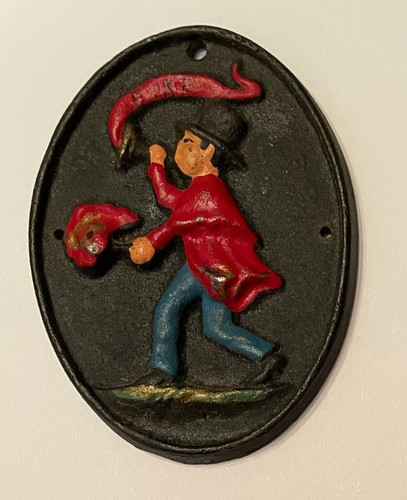 Cast Iron Wilton Plaque/Marker 3" Man w/Horn Fire Insurance