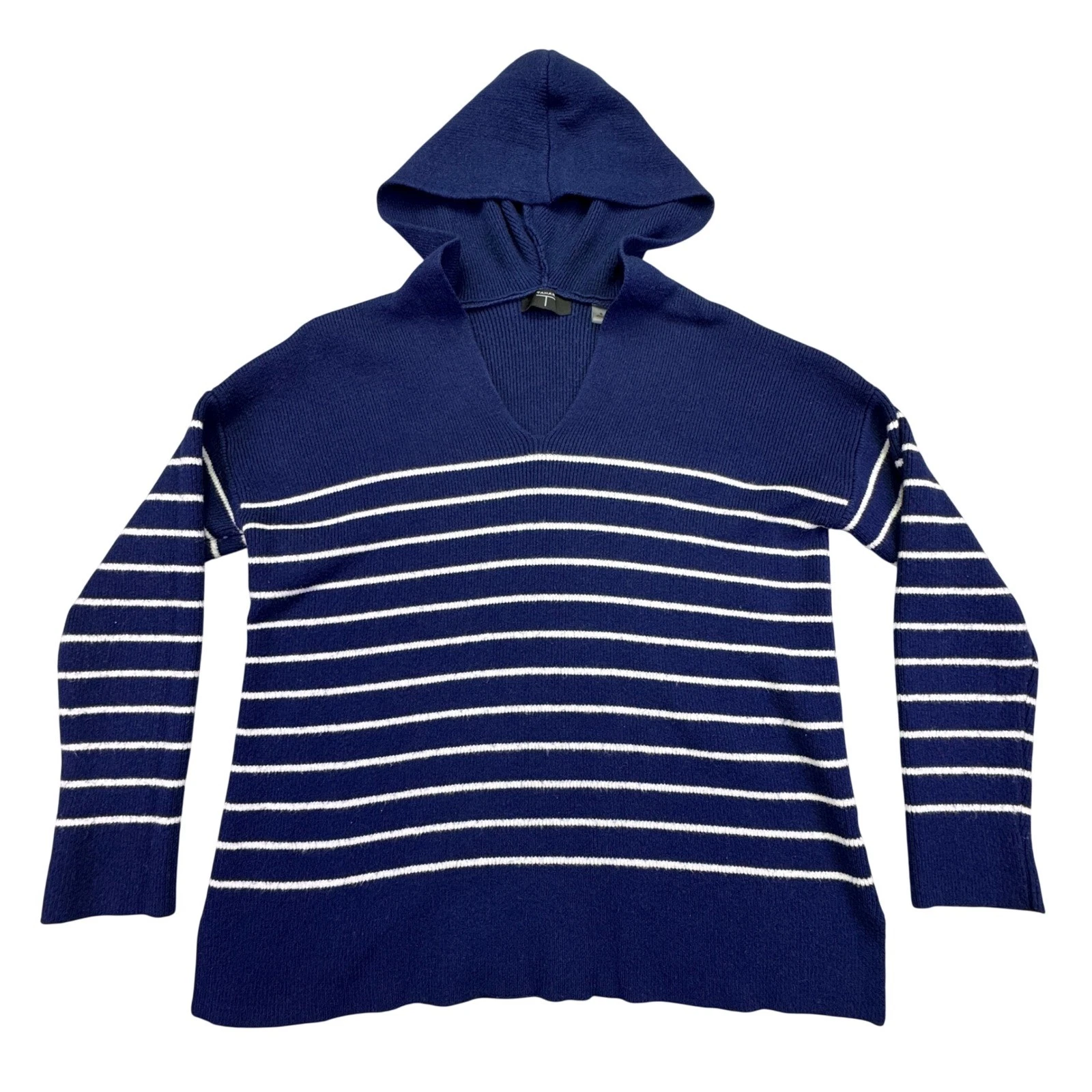 Tahari Sweater Shirt Women's Small Navy Blue White Striped Ribbed Knit Hoodie