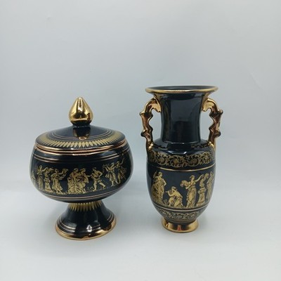 Vintage griechische schwarze 24k Gold Amphore Vase 19cm & Fuß Deckel Sockel Schale Set