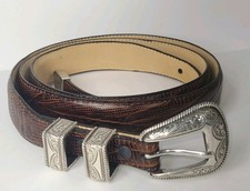 Vtg Italian Calfskin Western Belt Sz 48 Brown Lizard Embossed Leather Metal Tip