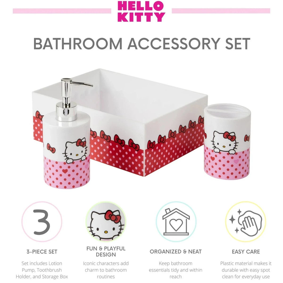 Lot De 3 Accessoires Salle De Bain Hello Kitty - Gobelet, Pompe à Savon, Rangement - Neuf