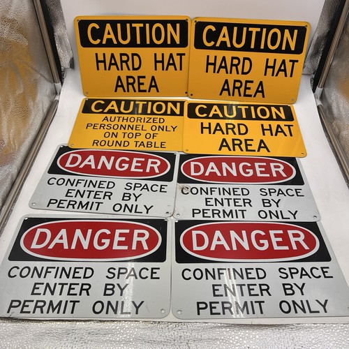 Lot Of 8 VTG DANGER Confined Space CAUTION HARD HAT AREA Signs Metal 6" x 10"