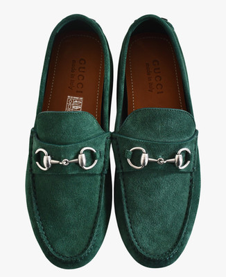  GUCCI Green Suede Men's DRIVER LOAFER Shoes with HORSEBIT Detail 7.5 US-8