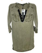 Express tunic dress size XXS militar green v-neck grommet lace up preppy grunge
