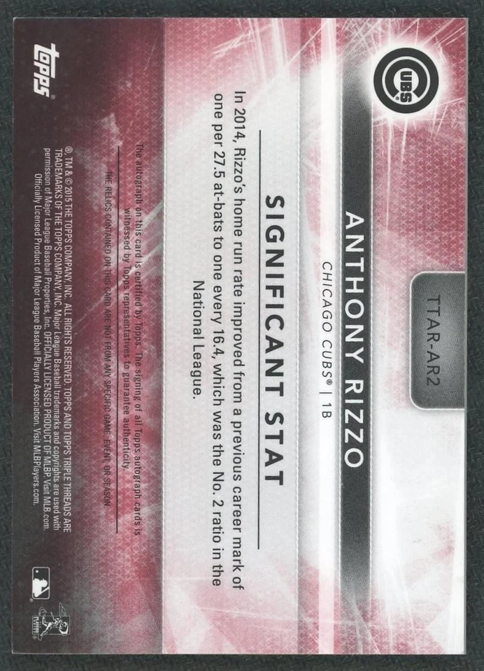 2015 Topps Triple Threads Anthony Rizzo Patch Auto 1/1 - Image 2 of 2