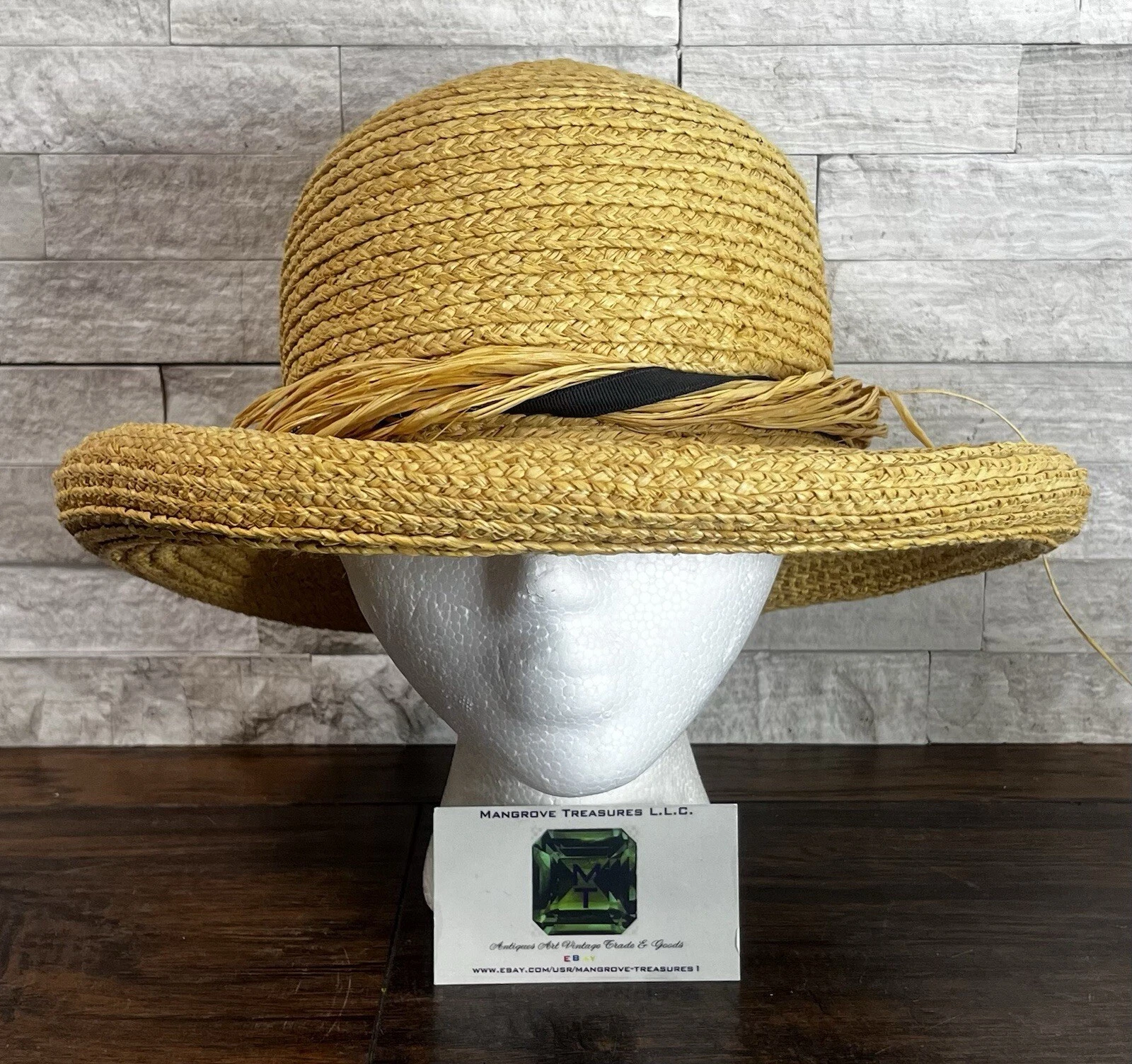 Vintage Commodore Womens Straw Kettle-Brim Sun Beach Hat With Straw-Cloth Band