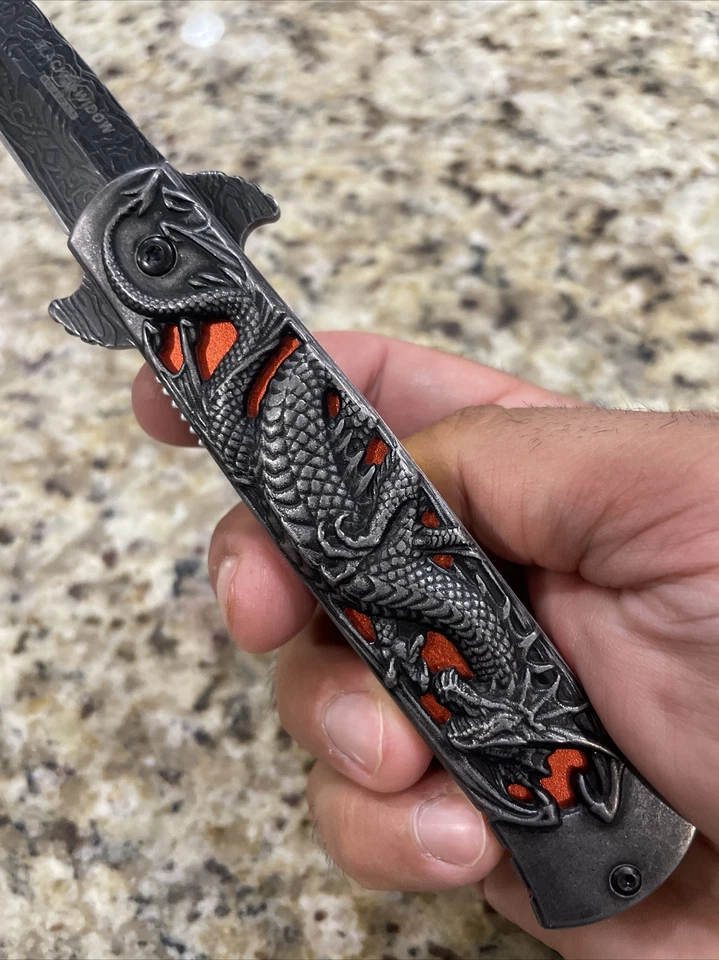 Navaja de Bolsillo Táctica Abierta Asistida 8.75" Mango Dragón Naranja Italiana Mil 0164RG Foto 2 de 4