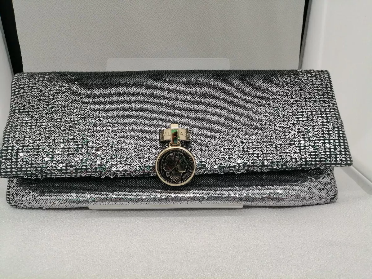 Auth BVLGARI Sequin Silver Clutch Bag Used