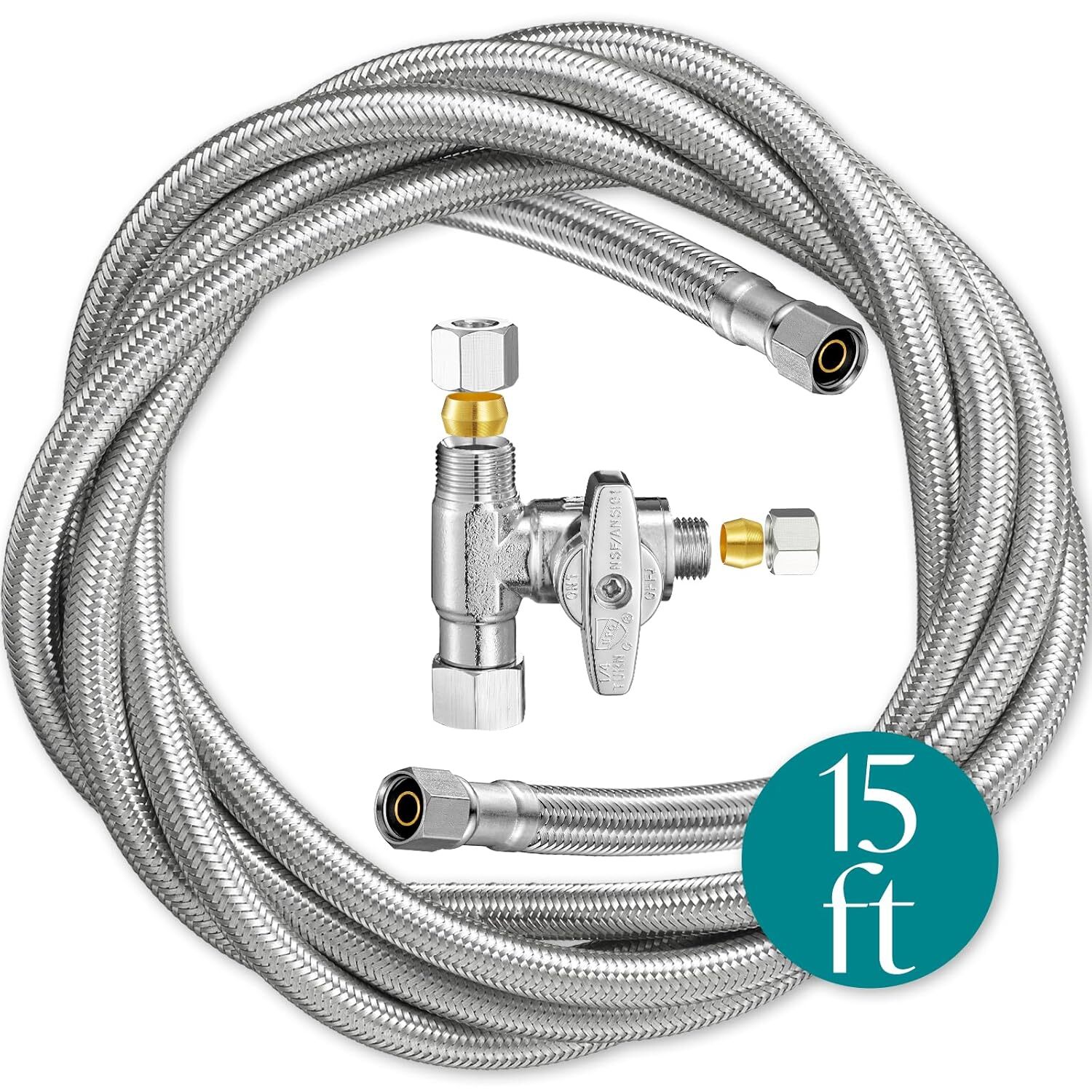 15ft Braided Stainless Steel Refrigerator Ice Maker Water Line Kit