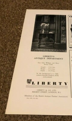 ANTIKE 2 ANTIQUITÄTEN WERBUNG 11 X 4 LIBERTY'S EICHE WILLIAM UND MARY ZEITTISCH