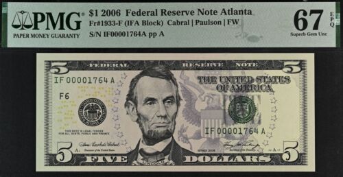 Top Pop 1/0 2006 $5 FRN PMG 65EPQ finest gem birthday low serial number 00001764 - Picture 3 of 4
