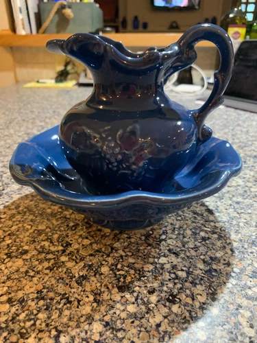 Vintage McCoy Pottery Blue Pitcher and Wash Bowl Basin Set, Dark Blue Color