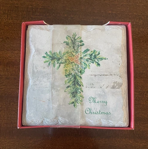 4 French Graffiti Stone Coasters , Natural Cork Back.. Merry Christmas Wreath