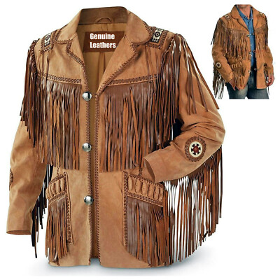 Herren Trachten Western Cowboy Lederjacke Mantel mit Fransen Knochen und Perlen