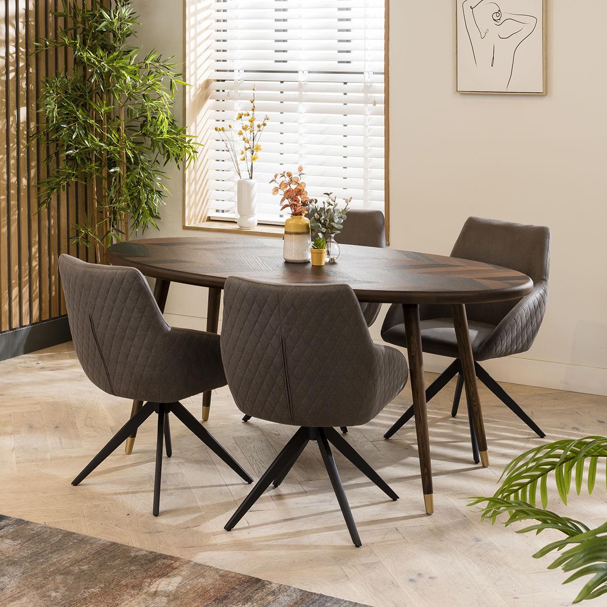 Oval Seat Dining Table Set Four Swivel Carver Dining Chairs