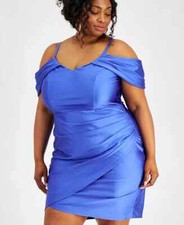 City Studios Women's Trendy Plus Size Cold-Shoulder Satin Bodycon Dress Blue 20W