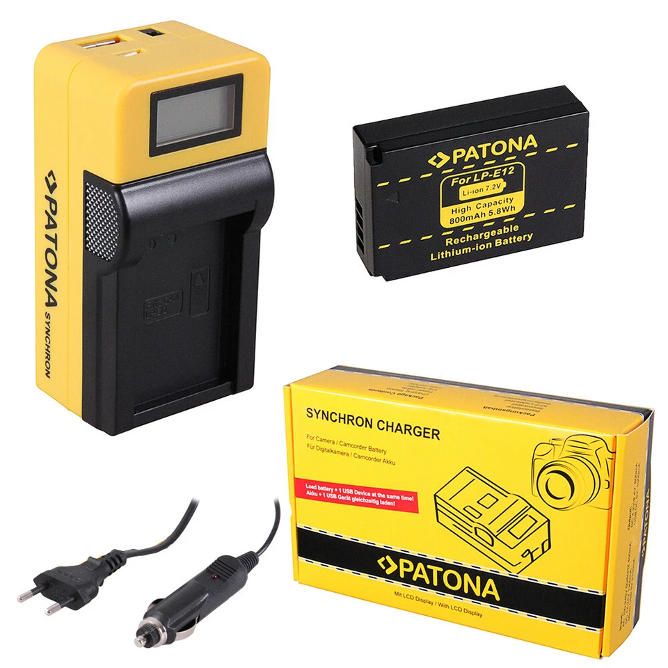 Batteria Patona + caricabatteria Synchron LCD USB per Canon LP-E12
