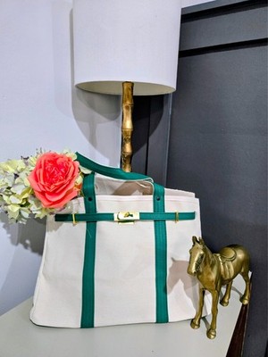Canvas Tote with Gold Hardware - Cream & Forest Green, Boat Bag