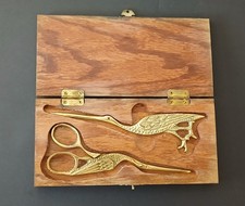 Vintage Set of Embroidery Stork Scissors & Punch Tool w/ Wood Box Taiwan