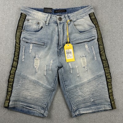 M Society Shorts Mens 30 Ice Blue Yellow Distressed Moto Biker Denim Rhinestone