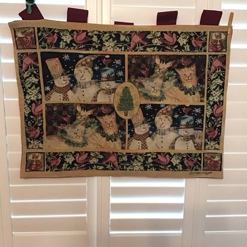 Vintage Christmas Snowman & Cat Tapestry Wall Hanging