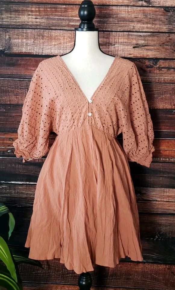 Vestido Semilla Mostaza Pequeño Ojales Manga Globo Algodón Coral Espalda en V Boho NUEVO Foto 3 de 4