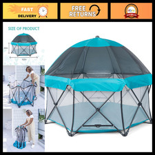 Deluxe 62" 8-Panel Baby Play Yard with Canopy - Aqua/Black, Safe Play Area