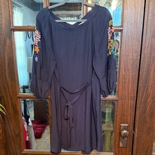 LOFT Navy Blue Floral Embroidered 3/4 Sleeve Tie Waist Shift Dress Womens Medium