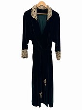 Vintage 1930s Full Length Emerald Velvet Robe Gold Embroidered Silk Lined