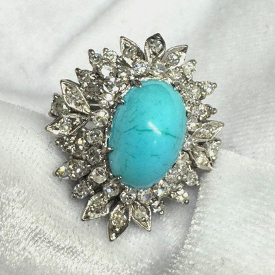 14K WHITE GOLD - SLEEPING BEAUTY CABOCHON TURQUOISE + DIAMOND (.75Ct) RING #9.25