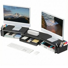 "Dual Monitor Stand Riser with Drawer  Pen Holders for Desk Organization"