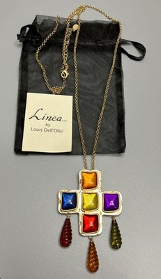 Linea by Louis Dell'Olio Multicolored Stone Cross Pendant Pin Necklace 36'' +