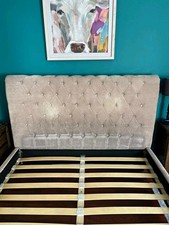 Mauve Velvet Upholstered King Size Bed Frame, Tufted Headboard, Slatted Base