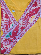 Kurta Top Tunic Jamdani Embroidery V-Neck Yellow Cotton Lightweight 40" x 21"
