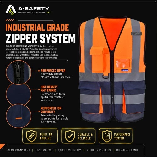 Hi-Vis Reflective Vest, Reinforced Points, Zipper, Orange/Navy, M image 7