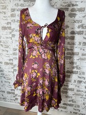 Free People Dress Size 4 Boho Purple Floral Ruffle Hem Scoop Neck Long Sleeve