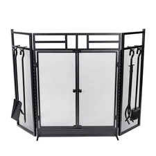 Fireplace Screen 3 Panel Fireplace Gate with Doors and 4PC Tools Set, Black