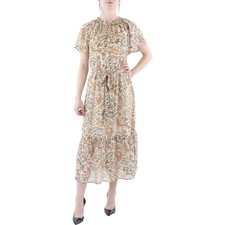 INC $119 Chiffon Vanilla Chai Floral Tie Waist Flutter Sleeve Midi Dress NWT