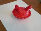 VINTAGE HEN ON NEST, 1 ITEM, 2 PCS., RED ON WHITE MILK GLASS, 2 3/8" TALL