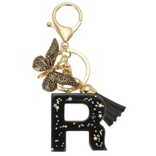 Initial Letter Keychain, Cute Butterfly Keychain with Tassel Letter R, Black